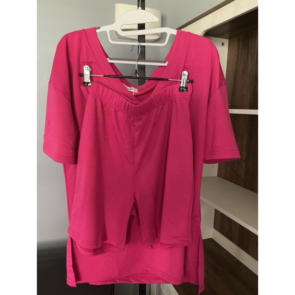 EKOUAER Womens 2 Piece Shorts Set Hot Pink V Neck Top M NWT